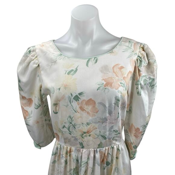 Vintage Lanz Womens White Floral Short Puff Sleeve Midi A-Line Tea Dress Size 10 - Picture 2 of 5